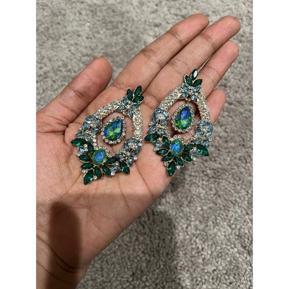 Big Blue and green earring large Emerald crystal chandelier rhinestone 2.6” - Picture 4 of 7